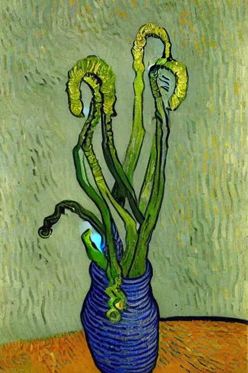 Image similar to Fiddleheads, painted by Vincent Van Gogh (1890), oil on canvas, detailed brushstrokes