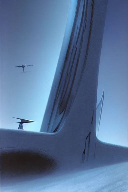 Image similar to emissary snow space by arthur haas and bruce pennington and john schoenherr, cinematic matte painting, zaha hadid building, photo realism, dark monochrome color palate, blue hour, james terrell art,