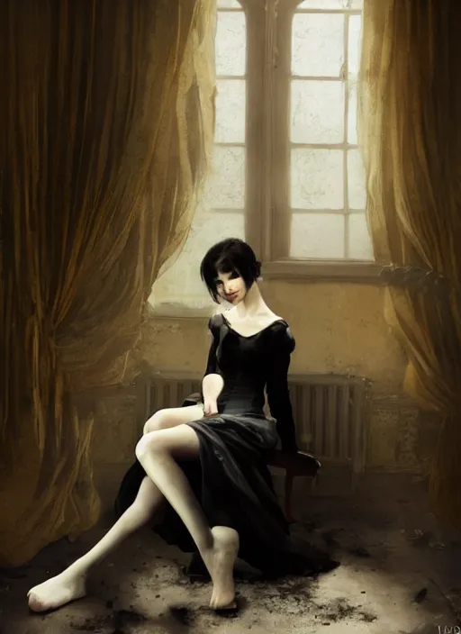 Image similar to a 1 4 year old girl eveline from resident evil 7 with straight long black hair wearing black dress that sitting on bathroom floor, photo for vogue, model エリサヘス s from acquamodels, art by artgem, greg rutkowski and alphonse mucha, render in re engine