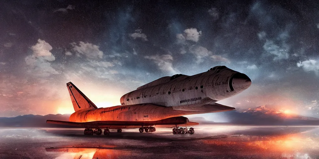 Prompt: abandoned soviet space shuttle in the hills, around everlasting darkness, sunset, orange glow, puddles of water, atmospheric, wide shot, high definition, high detail, foreboding, artstation, foggy