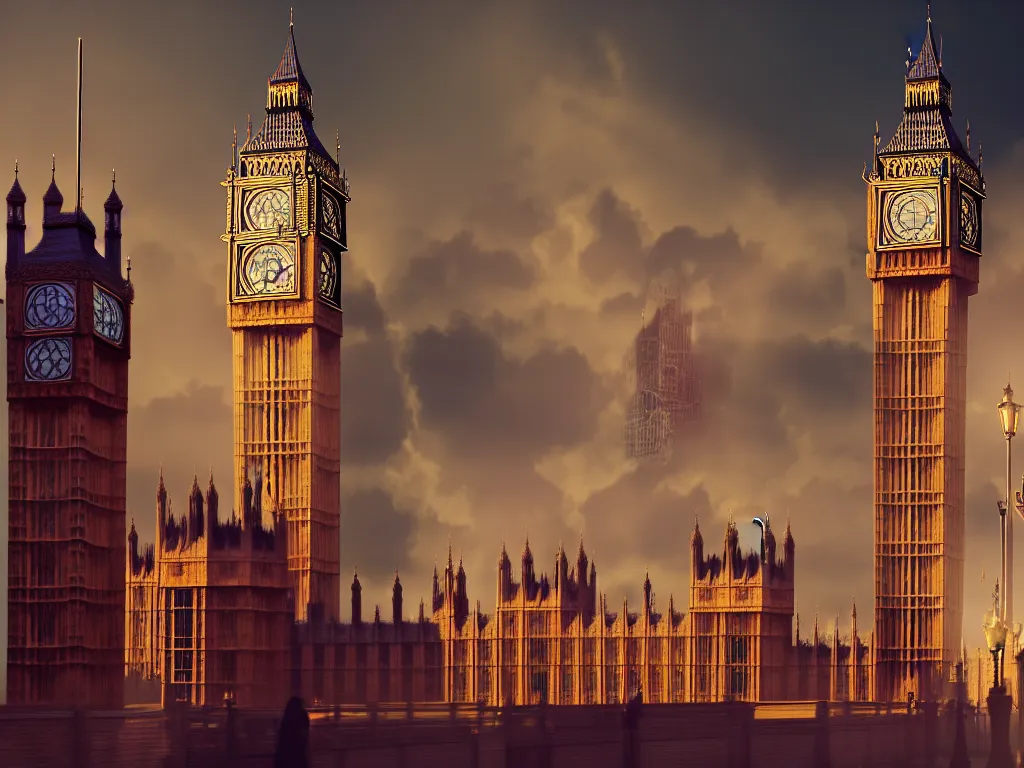 Prompt: an ancient beautiful cyborg of the elder gods in the city of London, with Big Ben in the background, westminster, colourful, dramatic lighting, golden hour, very detailed octane render very realistic beautiful