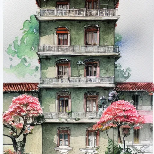 Prompt: a beautiful urban sketching watercolour painting of sino - portuguese architecture, flowers, by victo ngai, johfra bosschart, greg rutkowski