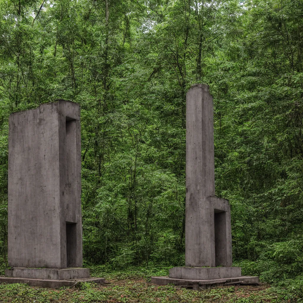 Prompt: Abandoned soviet monument in a rainforest, overcast, long shot, Sigma 100mm