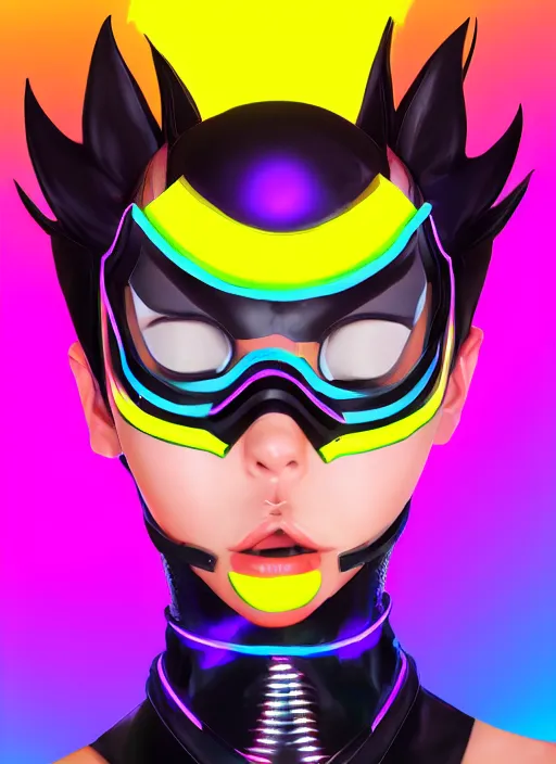 Prompt: full bod digital illustration portrait of tracer overwatch, confident pose, full body, full body, wearing black jagged iridescent rainbow latex armor, rainbow, neon, 4 k, expressive surprised expression, makeup, wearing large rainbow neon choker, studio lighting, acid, trippy, black leather harness, expressive detailed face and eyes,