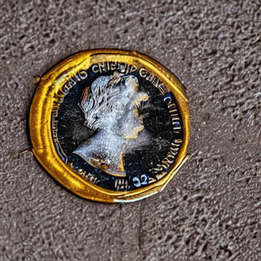 Image similar to macro shot of a coin glued to the floor, 8k, close up on the dirty glue contacting the floor and the coin