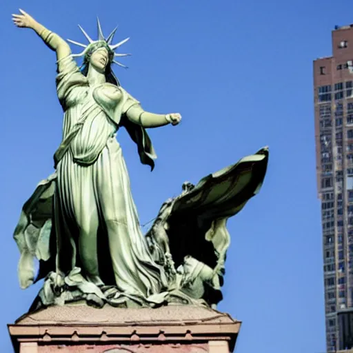 Prompt: the motherland calls, but in new york where the statue of libery is supposed to be at