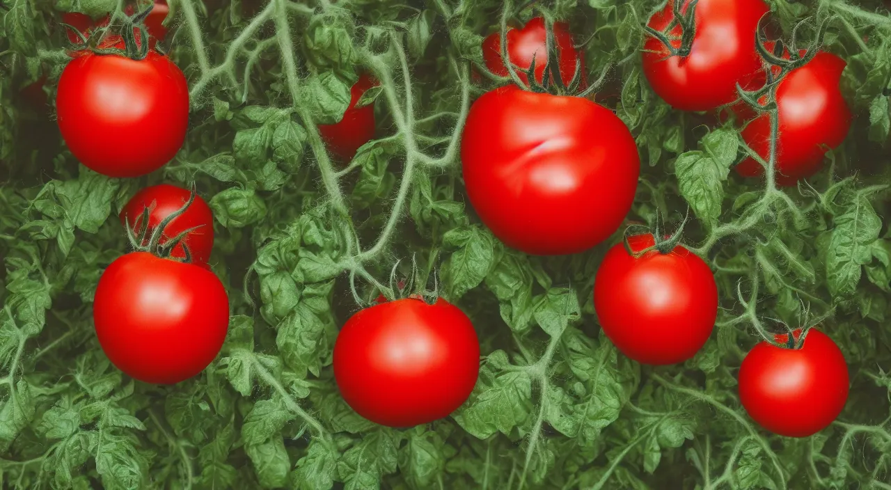 Image similar to a frighteningly red tomato, too red, glowing with an unearthly intensity, halos of light, led cybernetic tomatoes, magically glowing on the vine, haze, atmospheric lighting