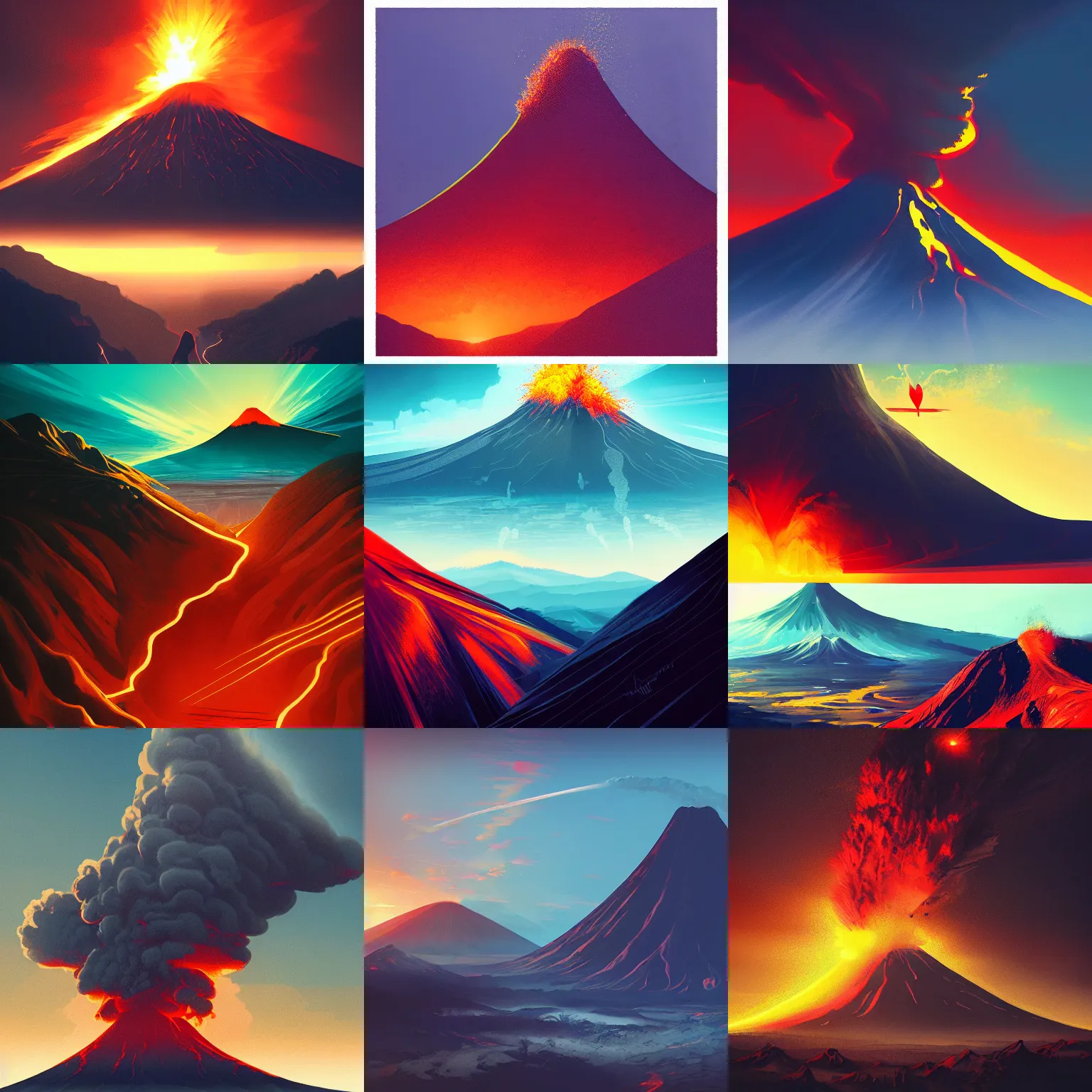 Prompt: volcano eruption, plumes of smoke and ash, rays of sunlight, dramatic lighting, dynamic view, by alena aenami, digital art, concept art, trending on artstation