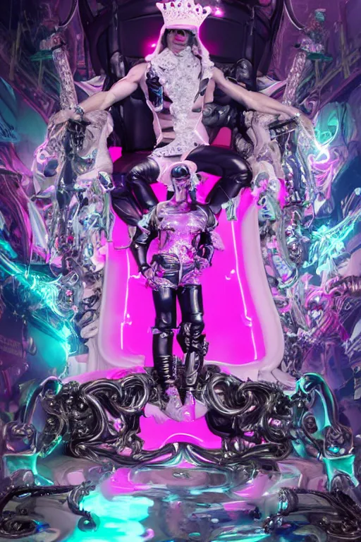 Image similar to full-body rococo and cyberpunk style neon statue of a muscular attractive Jay Sean sim camisa macho dotado e rico android sim roupa reclining con las piernas abertas e la piroca dura, glowing white laser eyes, prince crown of pink gears, diamonds, swirling silver-colored silk fabric. futuristic elements. full-length view. space robots. human skulls. intricate artwork by caravaggio. Trending on artstation, octane render, cinematic lighting from the right, hyper realism, octane render, 8k, depth of field, 3D