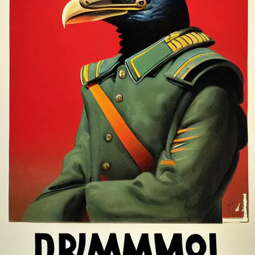 Prompt: a detailed and complex, highly detailed, concept art, soviet propaganda poster depicting a dromaius in military uniform. general emu. painting by irakli toidze,