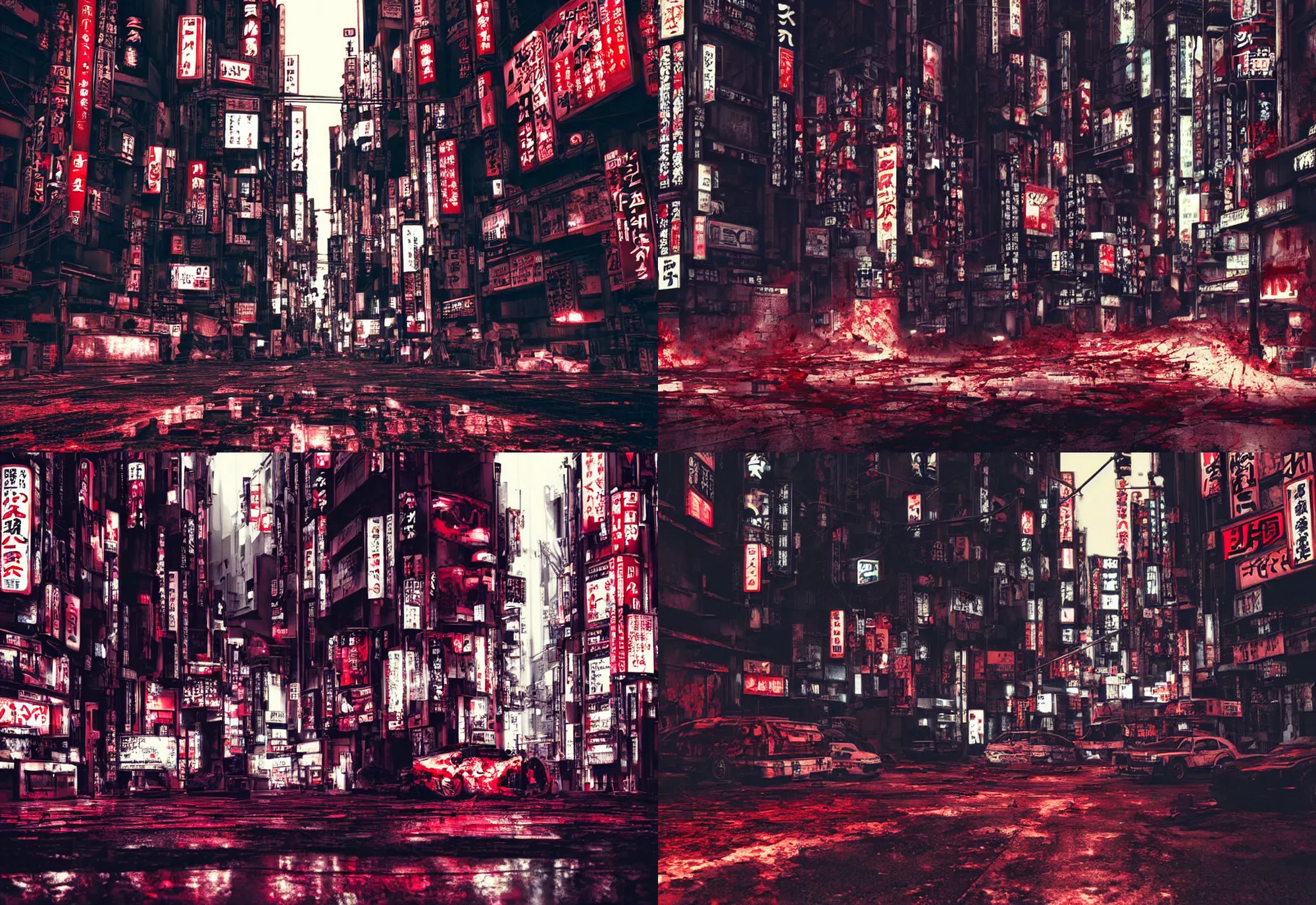 Prompt: tokyo city streets in blood looks like cyberpunk city, cyberpunk style, trending on artstation, cinematic, realistic, realistic buildings realistic windows realistic cars, realistic peoples, golden ratio, awesome greate composition, the best composition, color balance harmony, physical correct light shadows, awesome exposition, very realistic, ike in real life, max payne in blood