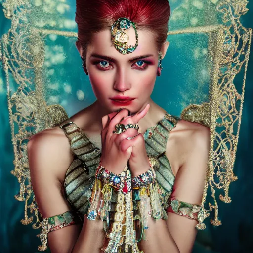 Image similar to photograph of wonderful princess with smooth fair skin, alluring eyes, red jewelry, breathtaking, elegant, ornate, intricate, hyper detailed, accent lighting, dramatic light, 4 k octane render