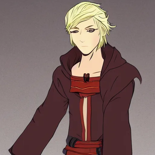 Prompt: young blonde boy fantasy thief, farseer trilogy style, anime style