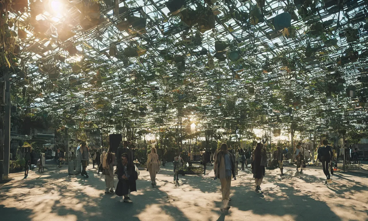 Image similar to candid photo of sunrise atmospherics in a futuristic solarpunk utopia, hanging solar gardens with animals and humans walking in peace, brilliant daylight, leica 8 k still from an a 2 4 film