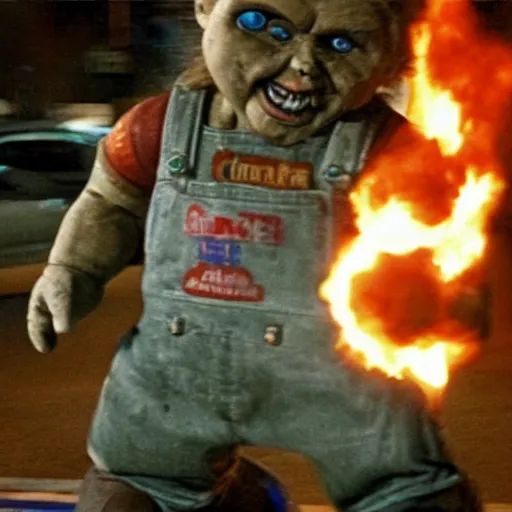 Image similar to giant chucky doll attacking new york city and causing destruction, people running in terror