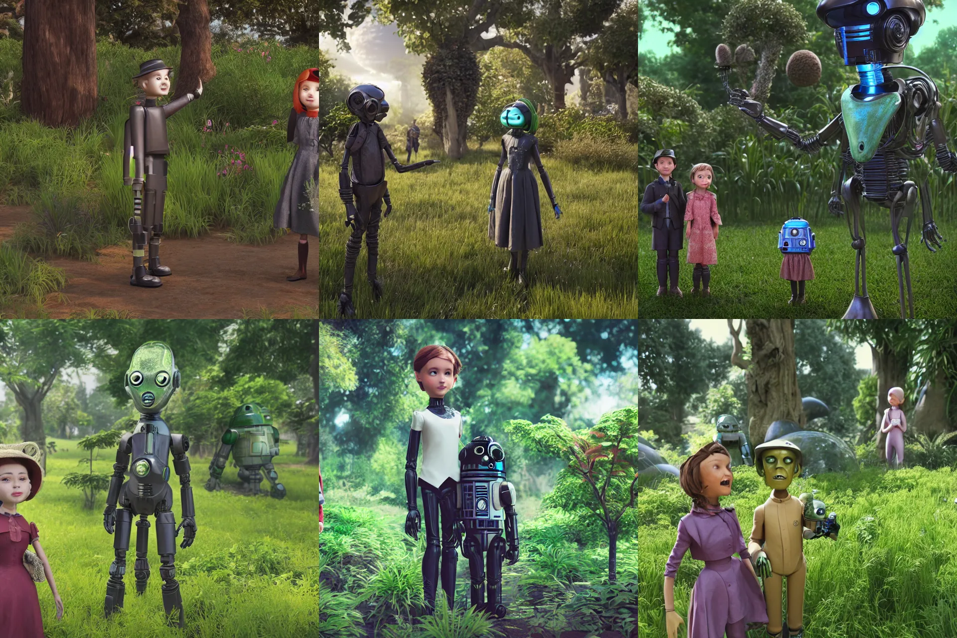 Prompt: a girl and a boy standing next to some alien plants, looking happy, both wearing victorian clothes, their pet droid is nearby, in a park on a alien planet, ultra realistic facial details, enhanced faces, ultra photorealistic raytracing, 8k