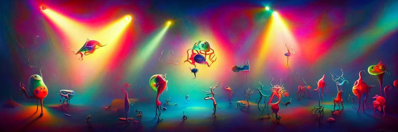 Image similar to whimsical microscopic imaginal creatures from the depths of the collective unconsciouis, dramatic lighting light rays, surreal darkly colorful painting by ronny khalil