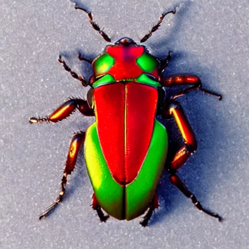 Image similar to hybrid of green beetle and red turtle, photorealistic, close - up