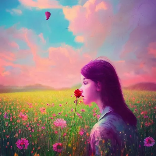 Image similar to girl with a flower for a head, surreal photography, dream, standing in flower field, magical, in a valley, sunrise dramatic light, impressionist painting, colorful clouds, artstation, simon stalenhag, flower face