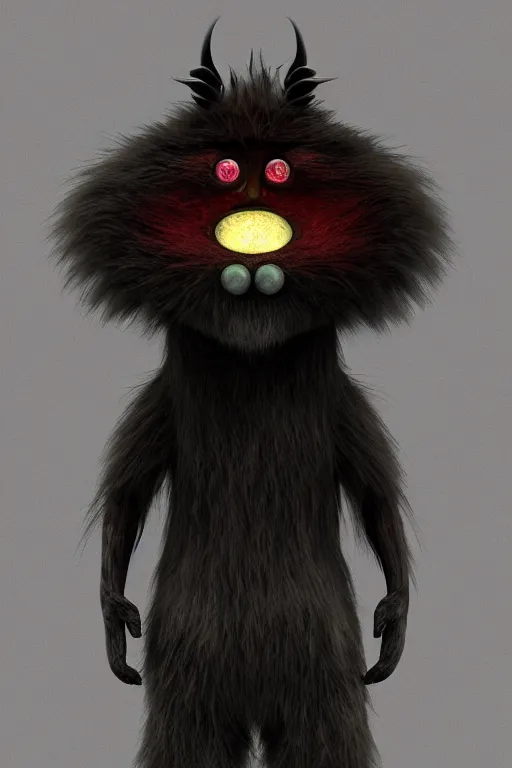 Image similar to 3 d model of a evil fur monster with glowing eyes by alexander jansson : 1 | centered, dark rainbow color scheme, black background, matte background : 0. 9 | by jim henson and dave melvin : 0. 4 | unreal engine, deviantart, artstation, octane, finalrender, concept art, hd, 8 k resolution : 0. 8