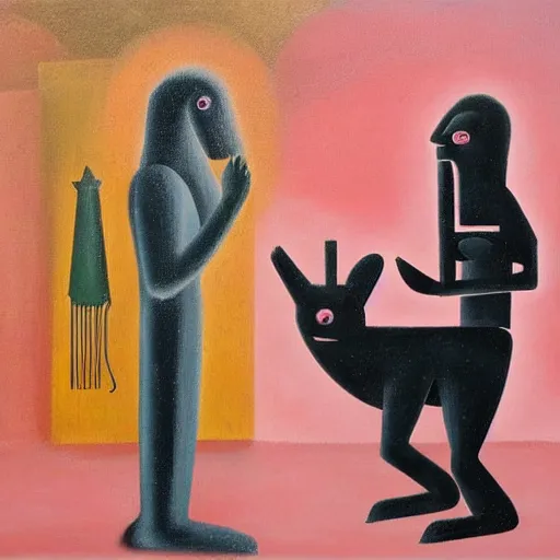 Image similar to Oil painting by Rufino Tamayo. Two mechanical gods with animal faces having a conversation. Oil painting by Lisa Yuskavage.