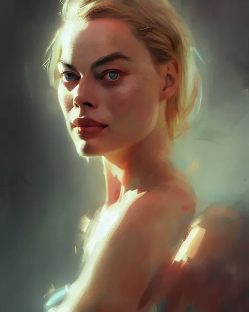 Image similar to Full view realistic portrait of actress margot robbie, masterpiece by Craig Mullins Artgerm in the style of Ruan Jia, wlop, Ross Tran, detailed and realistic, soft lighting, intricate details, realistic, full view, Artstation, CGsociety