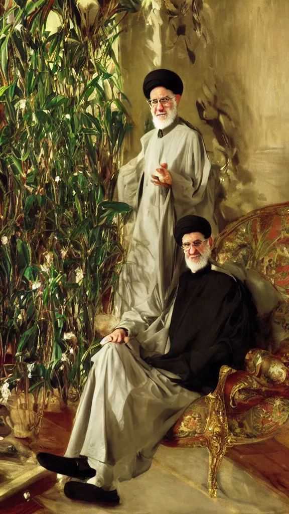 Image similar to an ali khamenei in botanical room by john singer sargent, cinematic, detailed