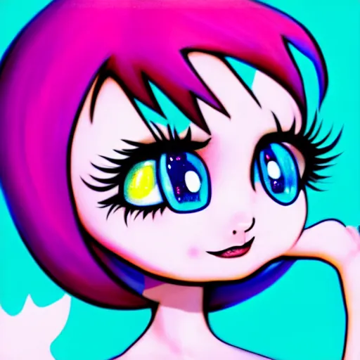 Prompt: the coke logo personified as a cute sprite themed cartoon girl in the style of lavender towne, margaret keane style, large dark eyes, extremely detailed and colorful eyes, digital art, deviant art, soda themed girl, hyper detailed eyes, money sign pupils