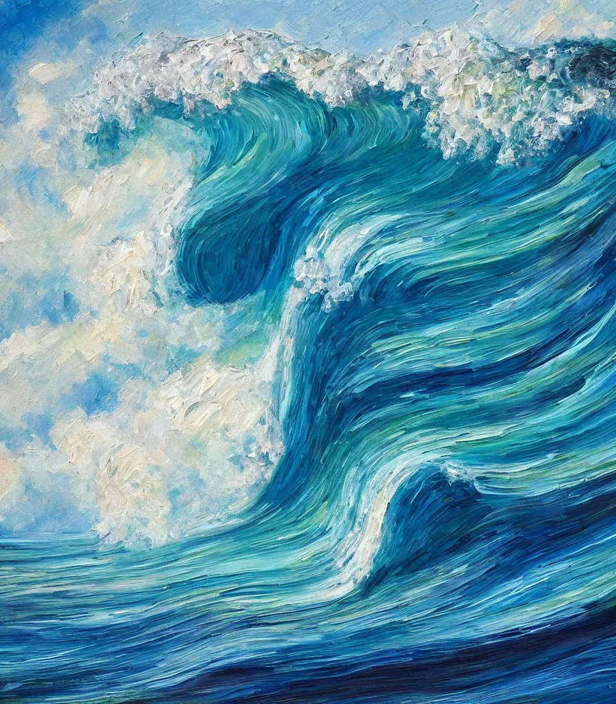 Prompt: an impasto oil painting of a beautiful barreling wave af pipeline in hawaii, traidic color scheme, high detail, breathtaking wave, modern art, abstract art, soft colors