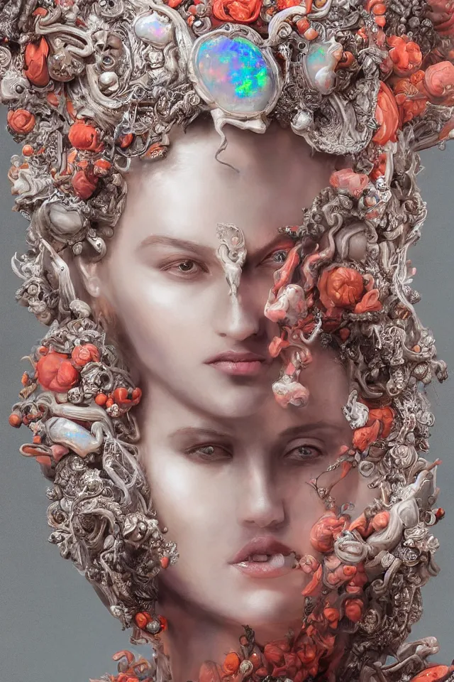 Prompt: a sculpture made of opal and coral, portrait, queen, future, harper's bazaar, vogue, magazine, insanely detailed and intricate, concept art, ornate, luxury, elite, elegant, trending on artstation, by Ruan Jia, Kenneth Willardt, Ross Tran, WLOP, Andrei Riabovitchev.