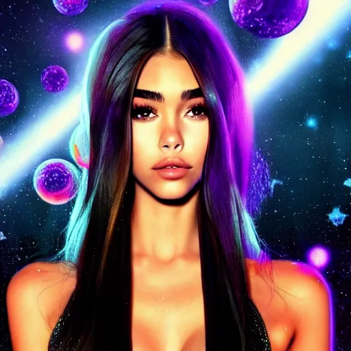 Image similar to madison beer a an intergalactic popstar dancing on a planet, render, blender render, unity render, 4 k wallpaper, art station trending, artstation 4 k coherent, coherent, 4 k, detailed, hyperdetailed, artifact - free, completely coherent, sharp, madison beer