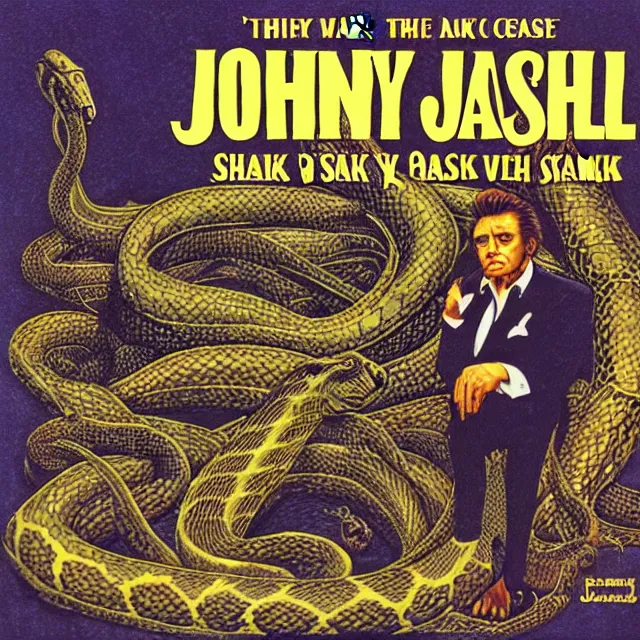 Image similar to album cover for Johnny Cash: The Snake Oil Tapes, album art by Ron Walotsky, snake oil album, snakes, quack medicine, no text, sometimes there's a dream