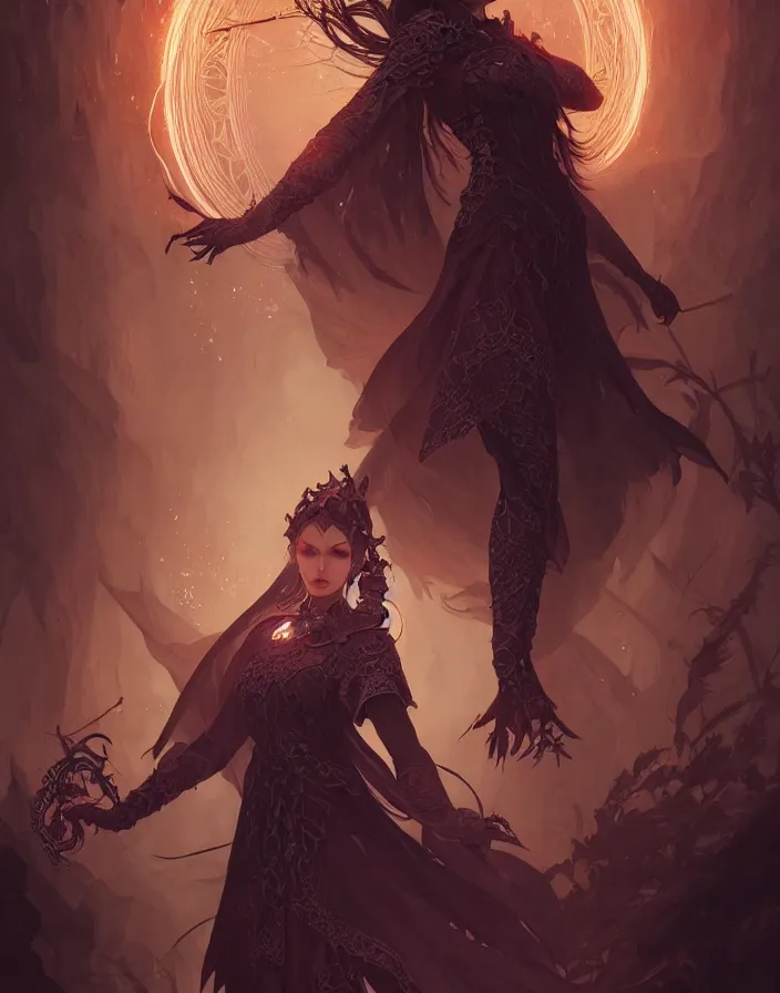 Image similar to Necromancer Sorceress, fantasy magic, undercut hairstyle, dark light night, intricate, elegant, sharp focus, illustration, highly detailed, digital painting, concept art, matte, art by WLOP and Artgerm and Greg Rutkowski and Alphonse Mucha, masterpiece