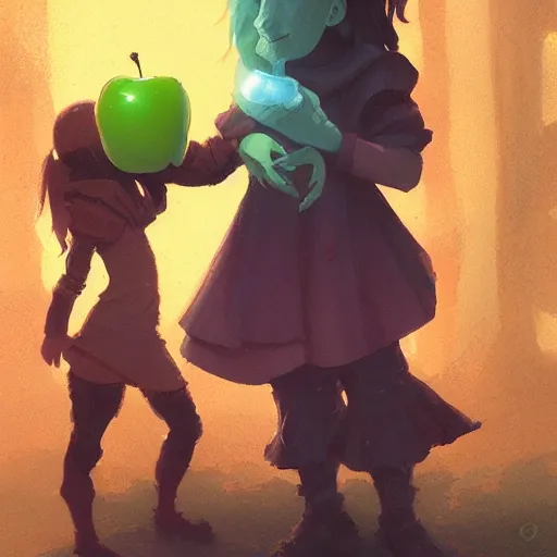 Image similar to a girl accepting an apple from a green skinned witch, by Jordan Grimmer and greg rutkowski, crisp lines and color,