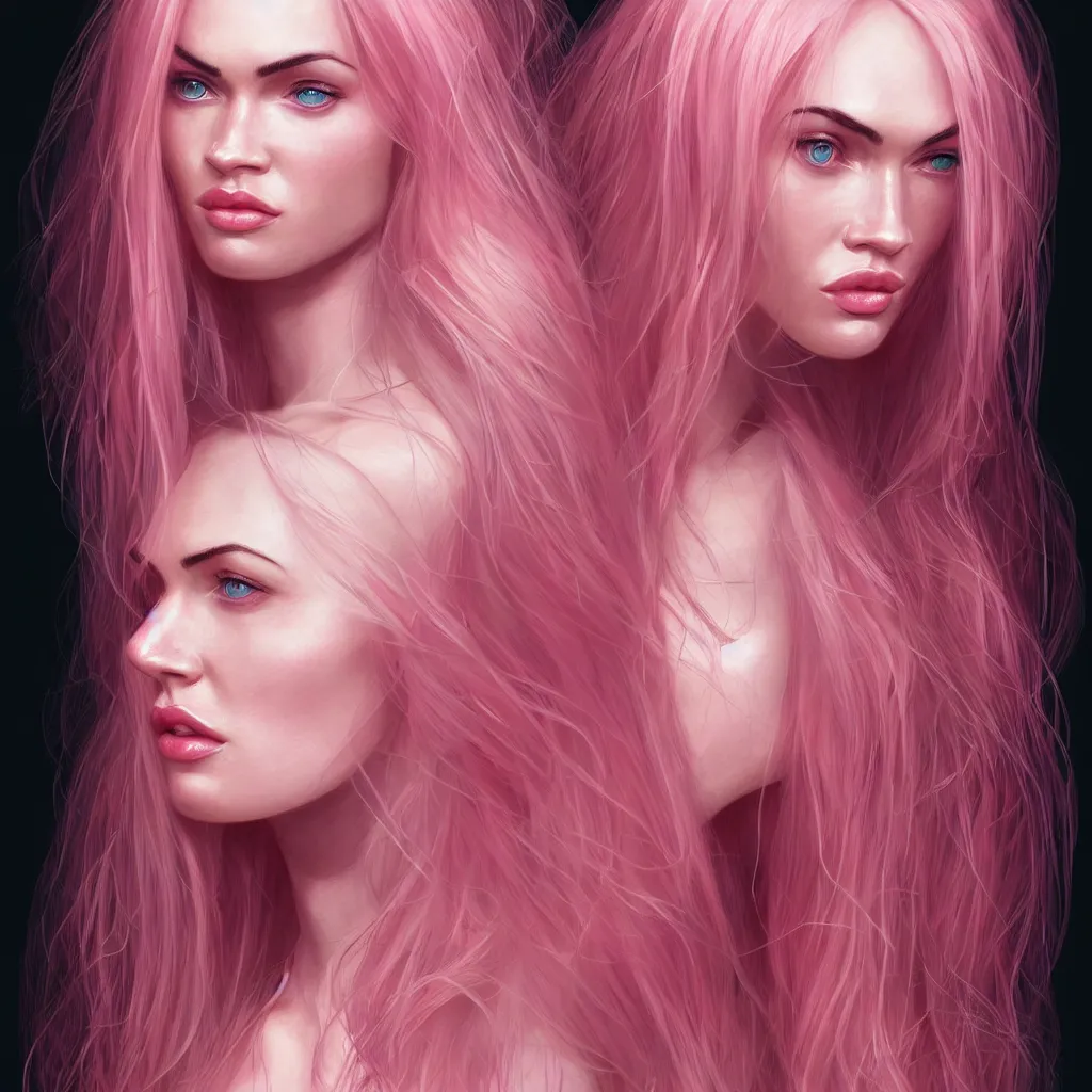 Prompt: Portrait of a beautiful pale skin Nordic female megan fox with long pink hair, elegant, photorealistic, highly detailed, artstation, smooth, sharp focus, gold ornaments, neon lighting, sci-fi, art by Klimt