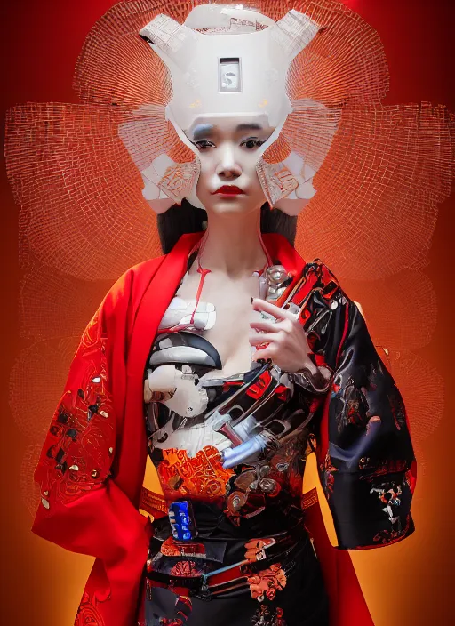 Image similar to portrait of a futuristic geisha cyborg, with a red kimono with japanese golden signs written on it, kintsugi, modern fine art, fractal, intricate, elegant, highly detailed, digital photography, parallax, subsurface scattering, in the style of ghost, by jheronimus bosch and yue minjun and greg rutkowski,