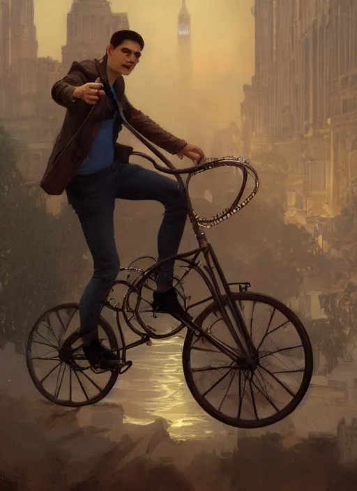 Image similar to Ben Shapiro riding a unicycle, Ben Shapiro face, sigma male, accurately portrayed, portrait art by alphonse mucha and greg rutkowski, highly detailed, digital painting, concept art, illustration, dim lighting with twilight rays of sunlight, trending on artstation, very detailed, smooth, sharp focus, octane render, close up