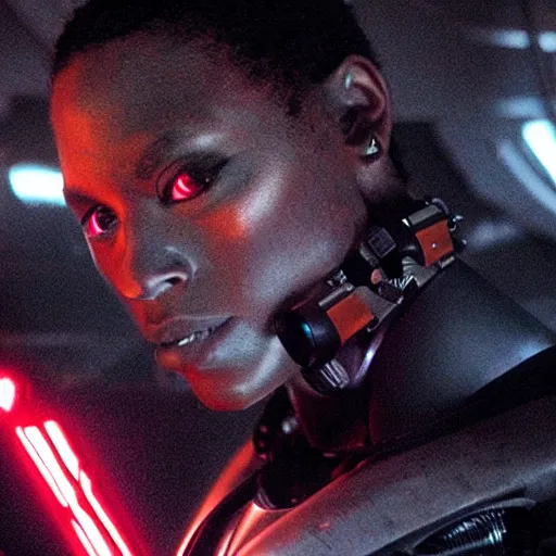 Image similar to movie still of a cool black cyborg, cinematic composition, cinematic light, by edgar wright