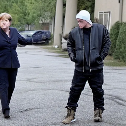 Image similar to Angela Merkel dressed as Eminem in the movie 8 mile, movie still