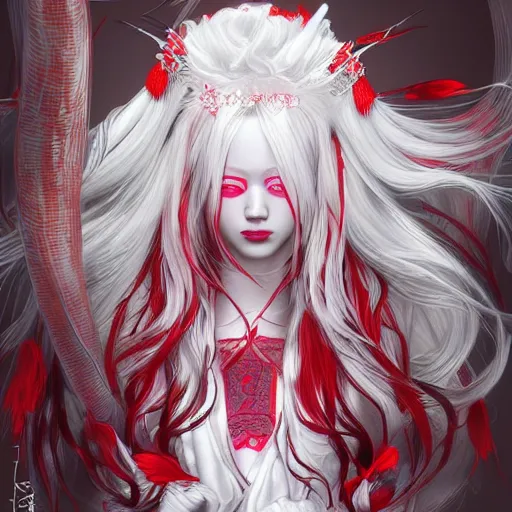 Prompt: albino maiko with very long fantasy hair, dluent composition, red and white neon, concept art, intricate details, highly professionally detailed, cgsociety, highly detailed -