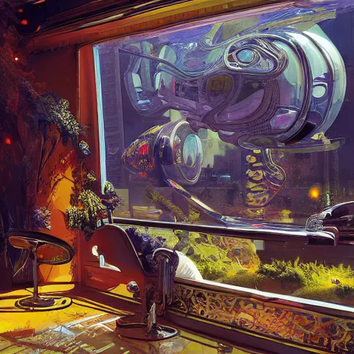 Image similar to painting of syd mead artlilery scifi fish tank with ornate metal work lands on a sidewalk, filigree ornaments, volumetric lights, simon stalenhag