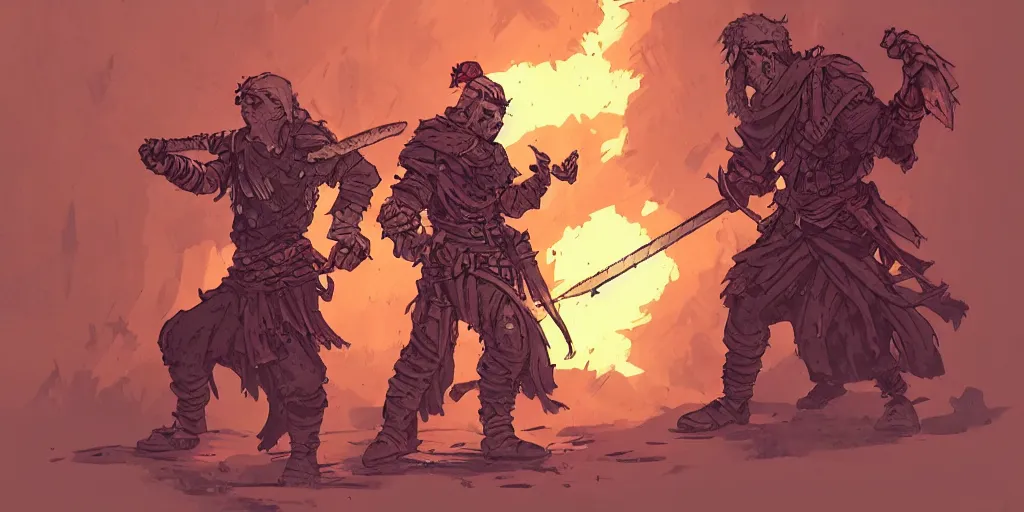 Prompt: warrior character design, idle, colored, sword, sprite, darkest dungeon, pc game, sideview, art by moebius and greg rutkowski.
