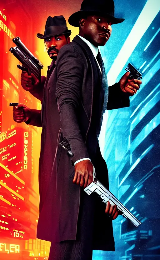 Prompt: hyper - realistic, a handsome black male detective holding a blaster, wearing a fedora, a suit and trench coat, blade runner city, futuristic - noir aesthetic, cinematic composition, cinematic colors, 3 5 mm film, roger deakins style, realistic film, no signature, 8 k