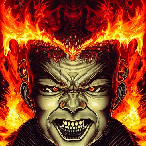 Image similar to portrait of crazy balrog with fire, symmetrical, by yoichi hatakenaka, masamune shirow, josan gonzales and dan mumford, ayami kojima, takato yamamoto, barclay shaw, karol bak, yukito kishiro