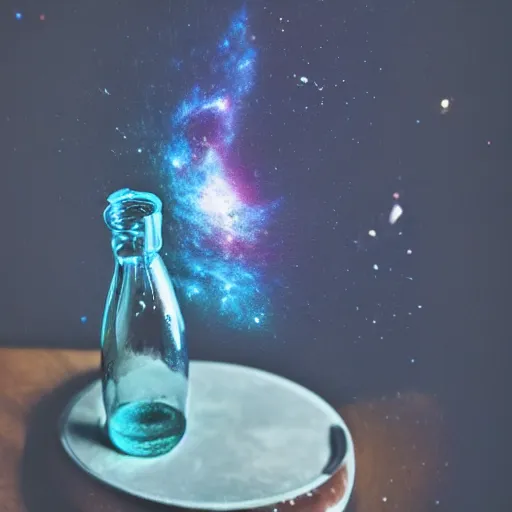 Prompt: a bottle is sitting on the table, it has a galaxy inside