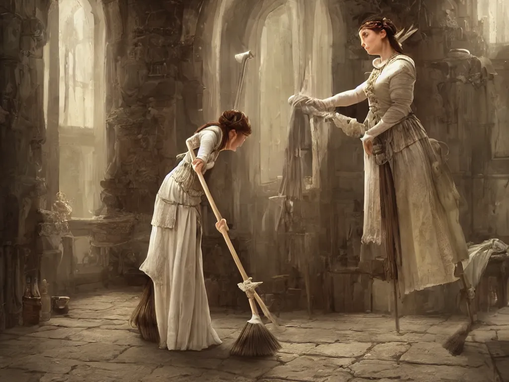 Prompt: epic portrait an medieval female maid cleaning the floor with a broom, sunny, beauty, pretty face, sweaty skin, digital painting, artstation, concept art, soft light, hdri, smooth, sharp focus, illustration, fantasy, intricate, elegant, highly detailed, D&D, matte painting, in the style of Greg Rutkowski and Alphonse Mucha and artemisia, 8k, highly detailed, jurgens, rutkowski, bouguereau, pastoral, rustic, georgic, detailed concept art, illustration, colorful pastel, painting, detail, ultra detailed, digital art, 4K,