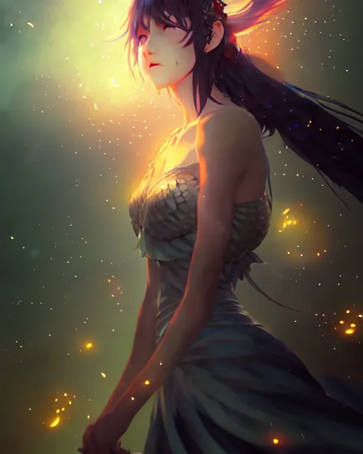 Image similar to goddess of the night surrounded by fireflies, final fantasy, cushart krenz, very detailed, realistic face, detailed face, matte, tonemapping, perfection, 4 k