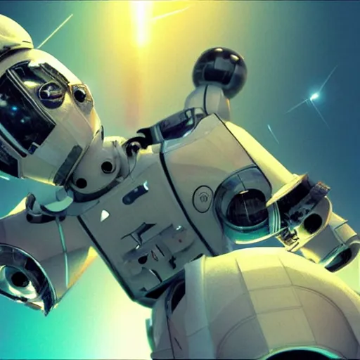 Image similar to 3 d rendered movie still pearlescent robot kitten robots quadruped in epic outer space battles and disco dance contests on saturn. science fiction, blockbuster movie, dystopian future, computer - animated science fiction film, space odyssey, imax, 7 0 mm, 4 k