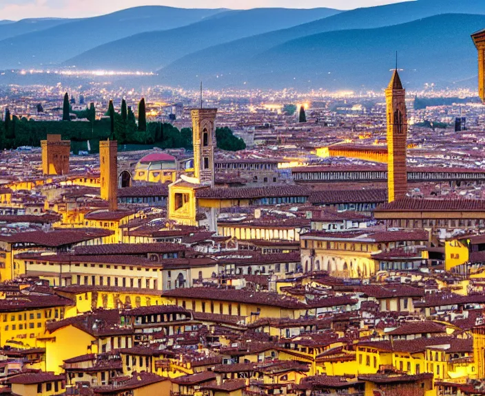 Image similar to 4 k hd, high detail panoramic photograph of florence, shot with sigma f / 4. 2, 2 5 0 mm sharp lens, wide shot, consistent, volumetric lighting, high level texture render