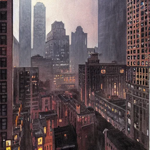 Prompt: muted color ultra realistic painting of a balcony view of 1 9 2 5 boston downtown at night, looking like dr strange mirror dimension, dark, brooding, night, atmospheric, ultra - realistic, smooth, highly detailed in the style of clyde caldwell